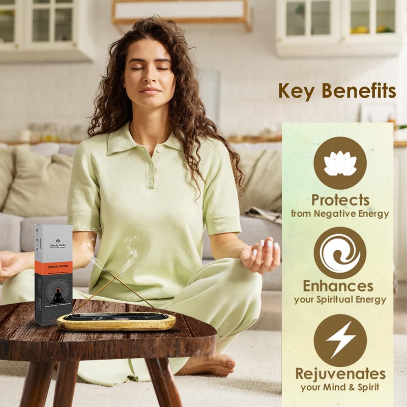 Simply Vedic Sandalwood Incense Sticks 250g (Approx. 135 Handmade Sticks) with Free Holder | 45 Min Burn | Natural Charcoal-Free Agarbatti for Meditation, Yoga, Aromatherapy, Relaxation - Image 4